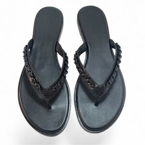 Tory Burch Black Leather Everly Chain Thong Flat Sandals Women’s Size 8M New